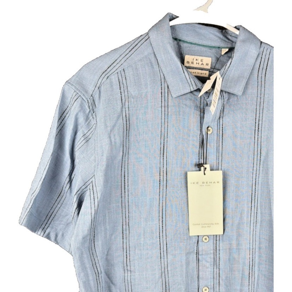 Ike Behar Mens Large Denim Blue Linen Blend Vertical Stripe Shirt NWT Resort